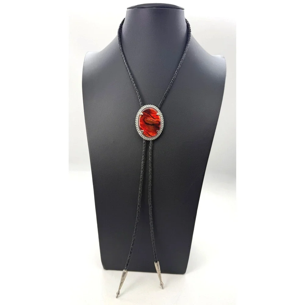 Vintage Western Bolo Tie Cowboy Marbled Oval Silver Tone Braided Black Cord